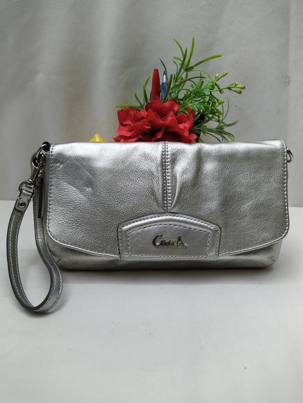 Coach Metallic Silver Soft Leather Credit Card Large Wristlet - Wallet